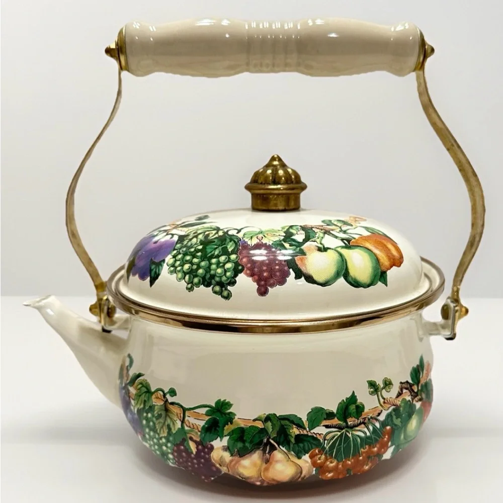 Vintage‎ Fruit Design Ceramic Teapot with Brass Accents Cottage Country Heavy